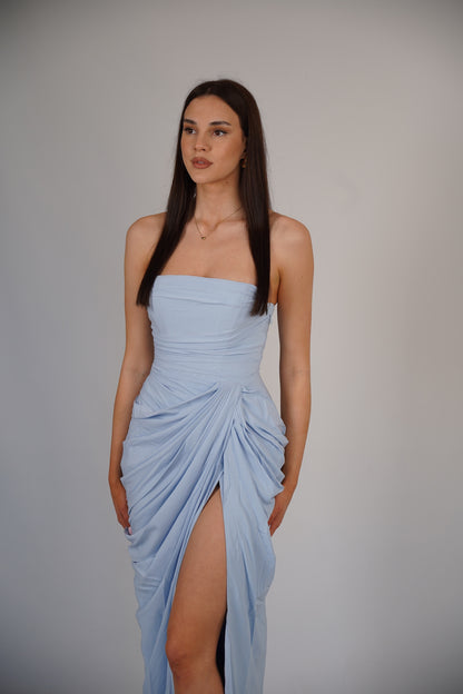 Strapless Draped Design Corset Maxi Dress Blue HV2964