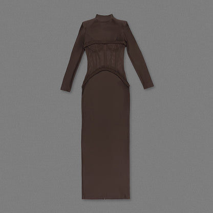 Long Sleeve Structured Mesh Maxi Dress Brown HV2648