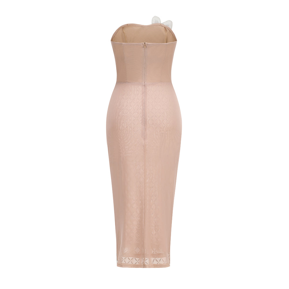 Strapless Floral Detail Embellished Midi Dress Nude HV3139