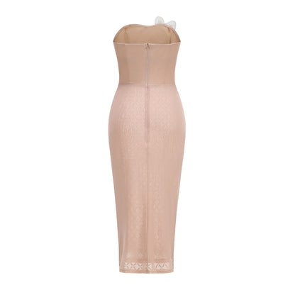 Strapless Floral Detail Embellished Midi Dress Nude HV3139