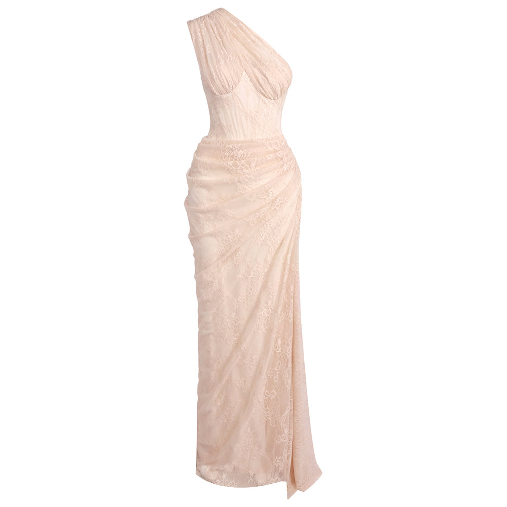 One Shoulder Draped Lace Maxi Dress Light Nude HV2677