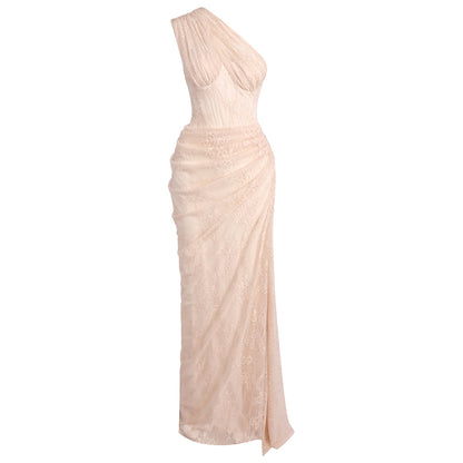 One Shoulder Draped Lace Maxi Dress Light Nude HV2677