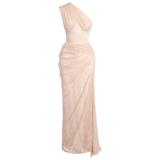 One Shoulder Draped Lace Maxi Dress Light Nude HV2677