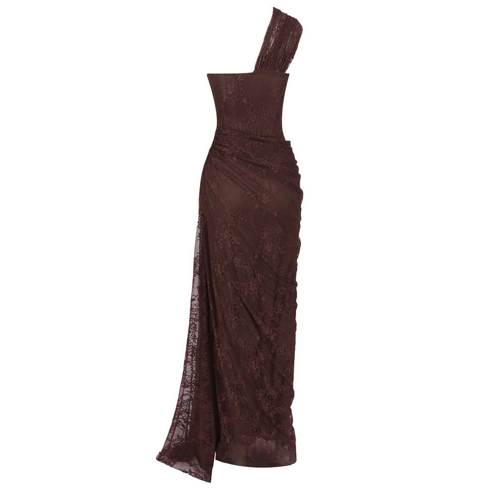 One Shoulder Draped Lace HV2677