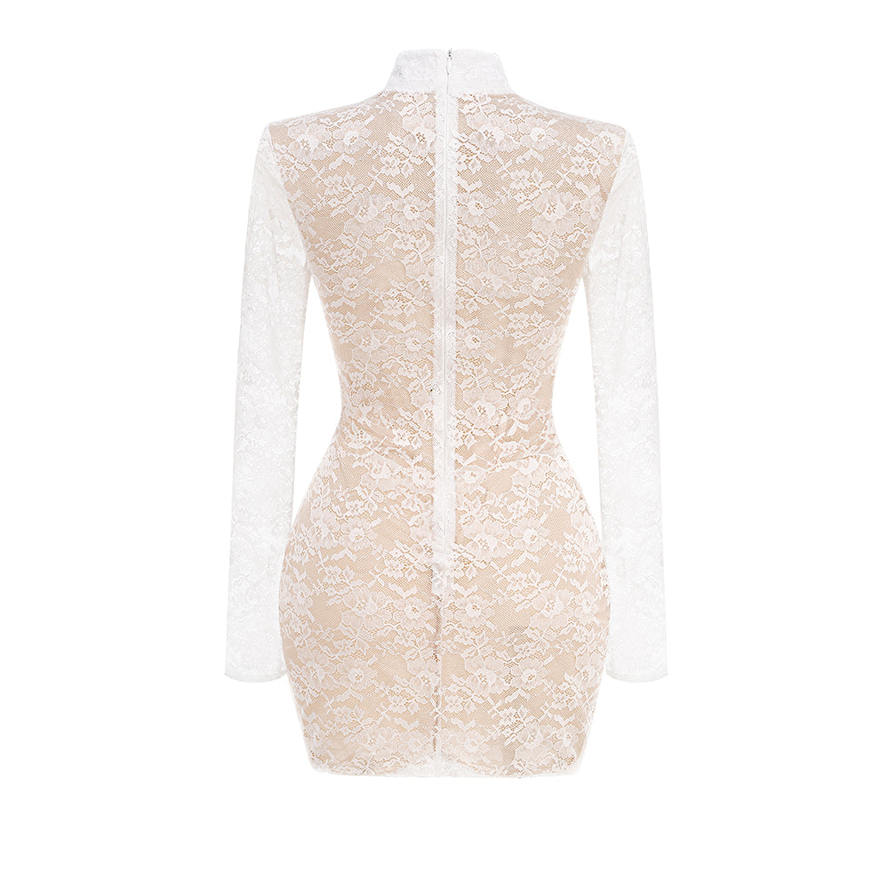 Long Sleeve Structured Lace Dress White