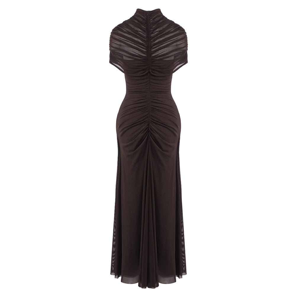 Draped Mesh Cut Out A Line Maxi Dress Brown HV2671