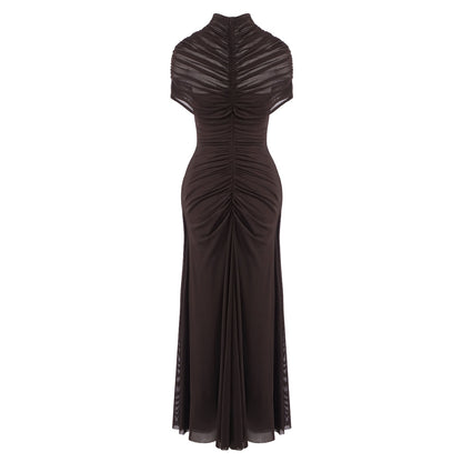 Draped Mesh Cut Out A Line Maxi Dress Brown HV2671