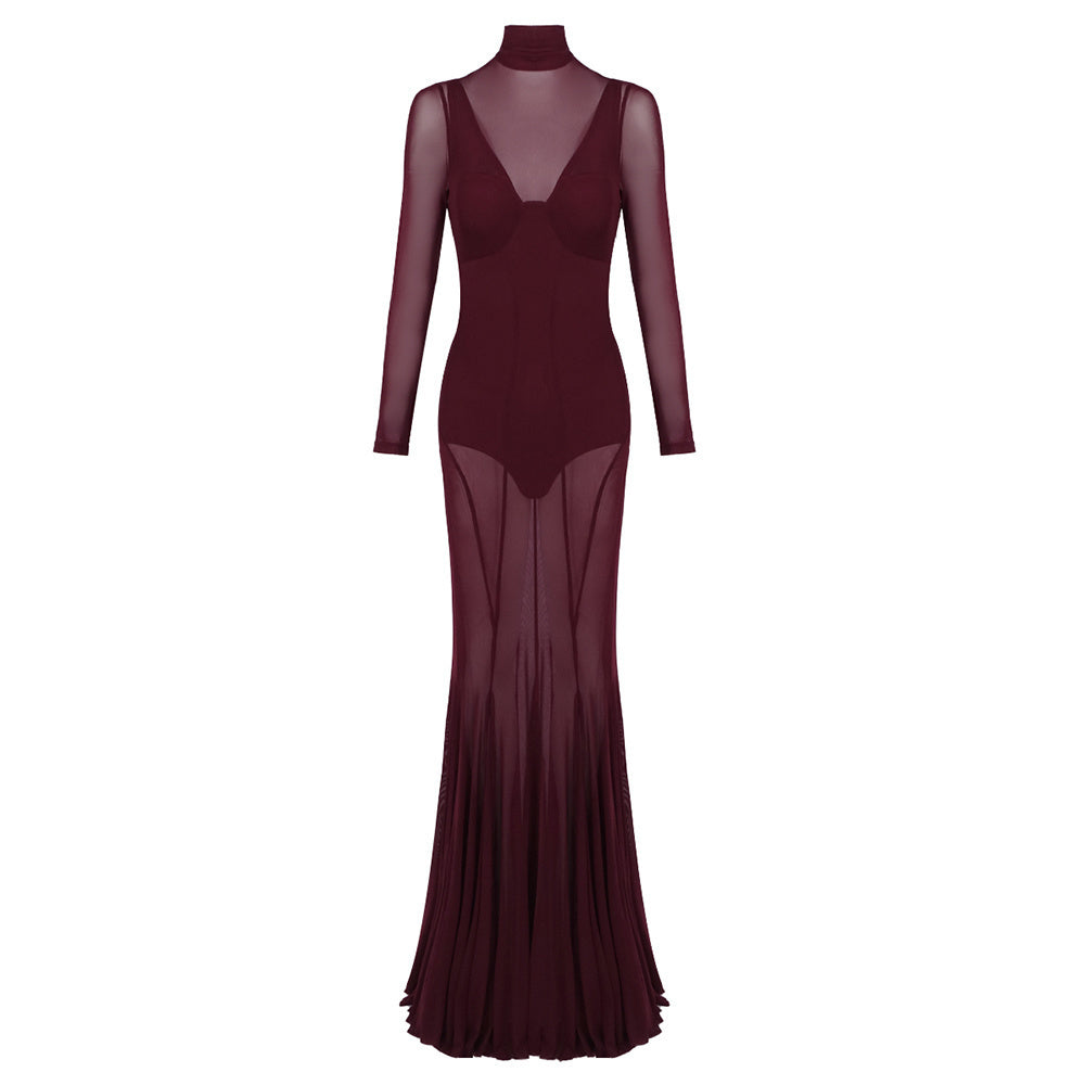 Long Sleeve Mesh Maxi Dress Burgundy HV0064