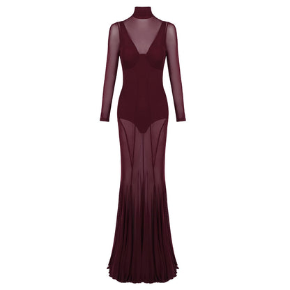 Long Sleeve Mesh Maxi Dress Burgundy HV0064