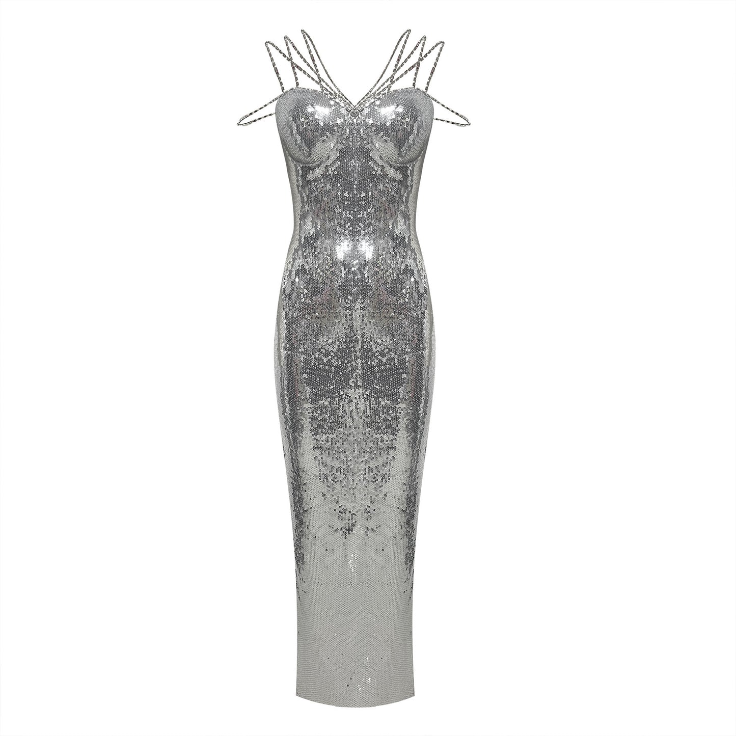 Strappy Bustier Sequin Maxi Dress Silver HV2925