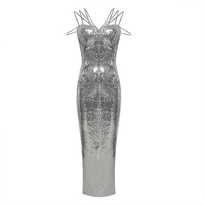 Strappy Bustier Sequin Maxi Dress Silver HV2925