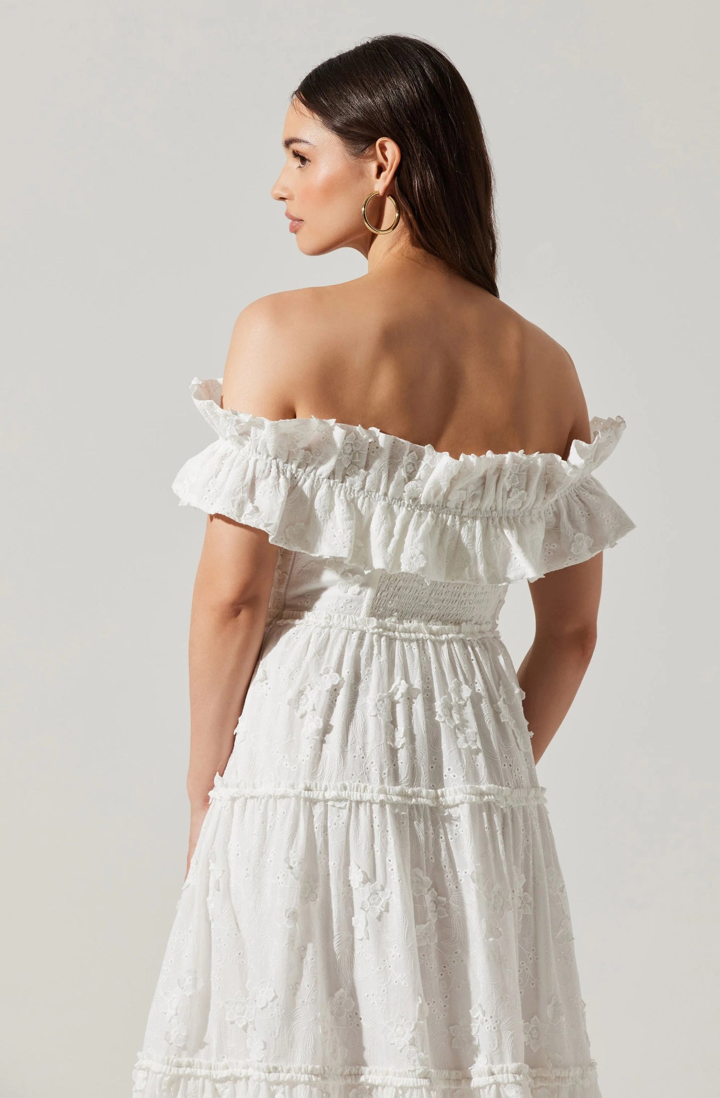 Ruffle Bardot A Line Midi Broderie Anglaise Dress White HV1407