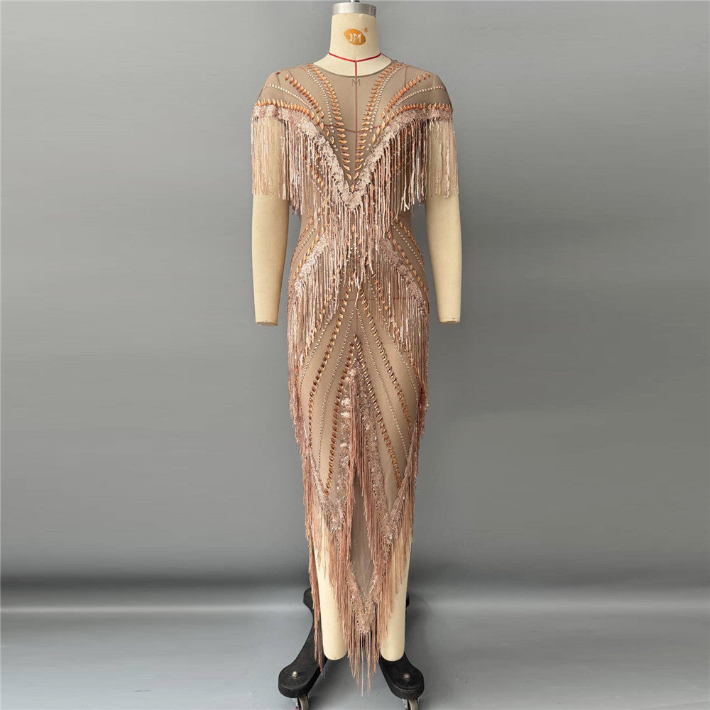 Crystal Tassel Mesh Maxi Dress HV3091