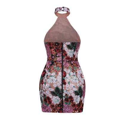 Halter Sequin Floral Dress Hot Pink Green HV2423