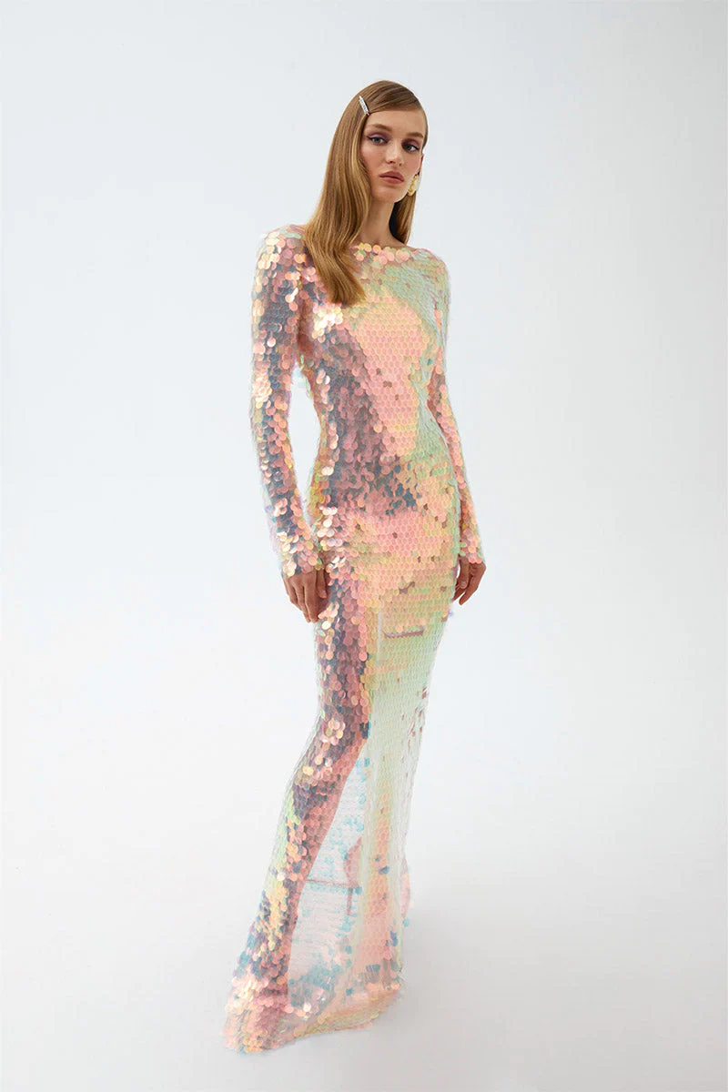 Long Sleeve Big Sequins Backless Maxi Dress Duochrome