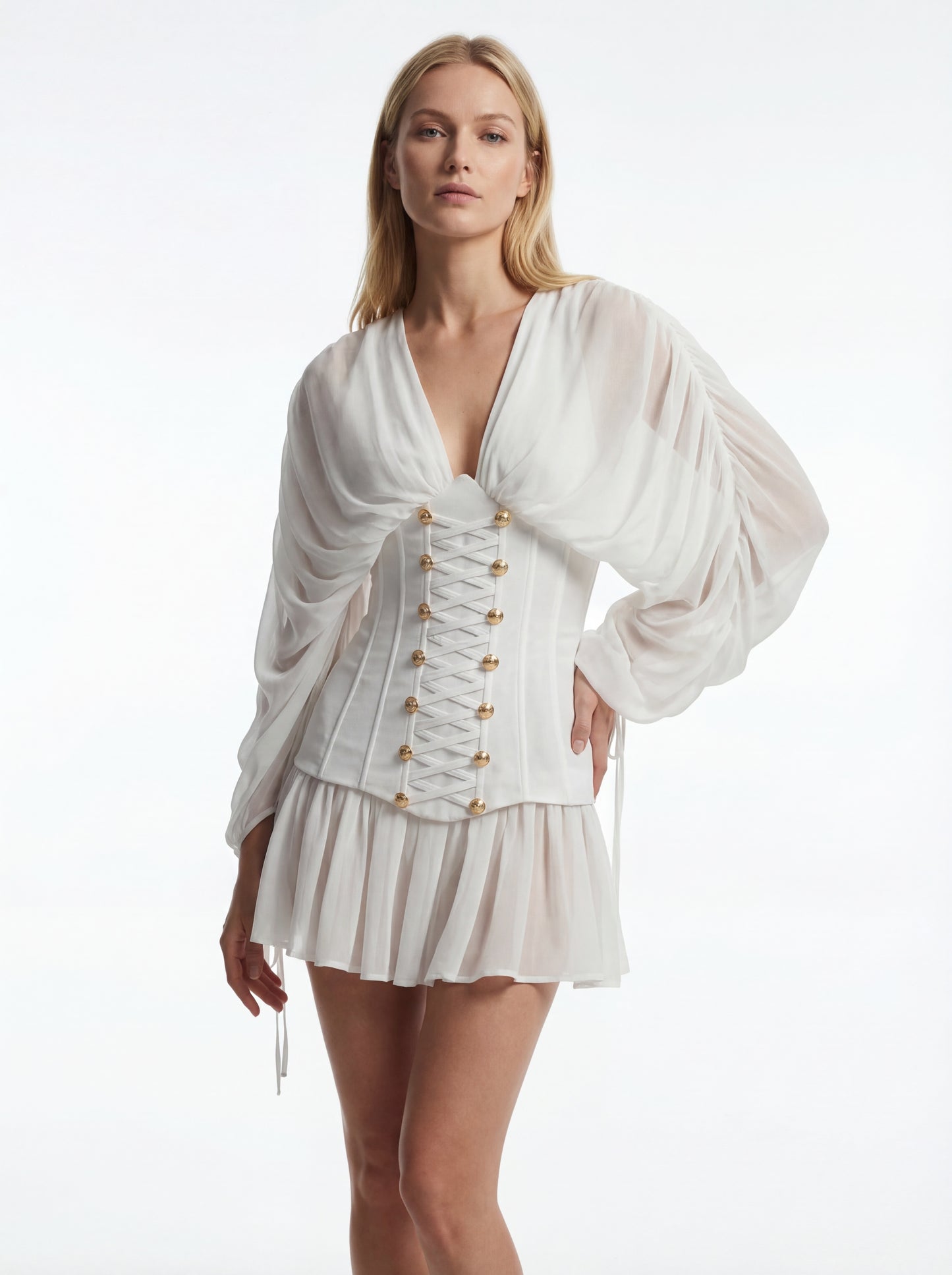 Long Sleeve Corset A Line Dress White HV2913