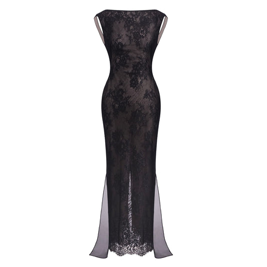 Lace Backless Bow Maxi Dress Black HV0200