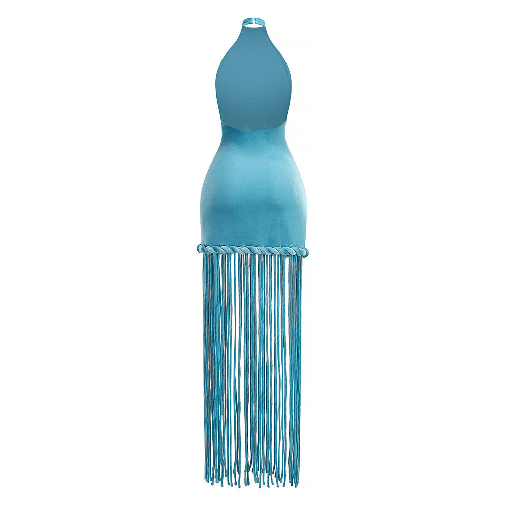 ชุดเดรสกำมะหยี่แม็กซี่ผูกคอพู่ สีน้ำเงิน HV2621