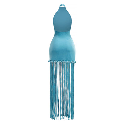 ชุดเดรสกำมะหยี่แม็กซี่ผูกคอพู่ สีน้ำเงิน HV2621