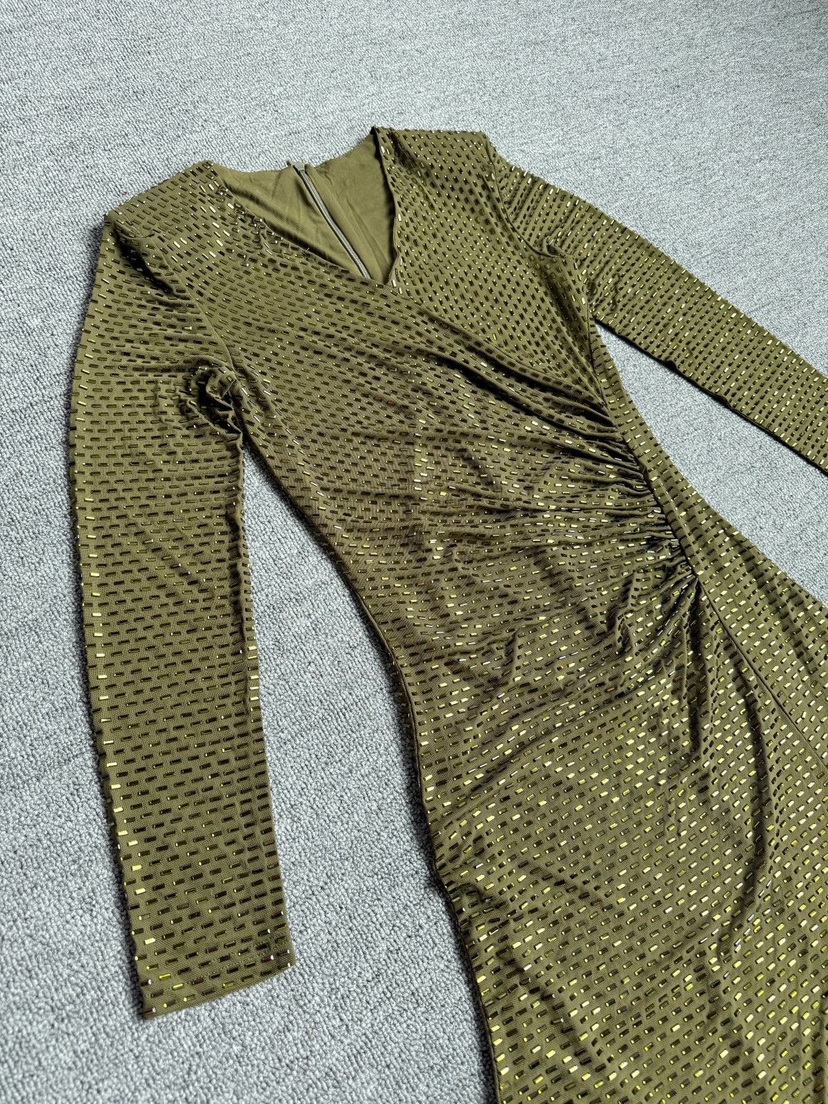 Long Sleeve Embellished A Line Midi Dress Green HV2836