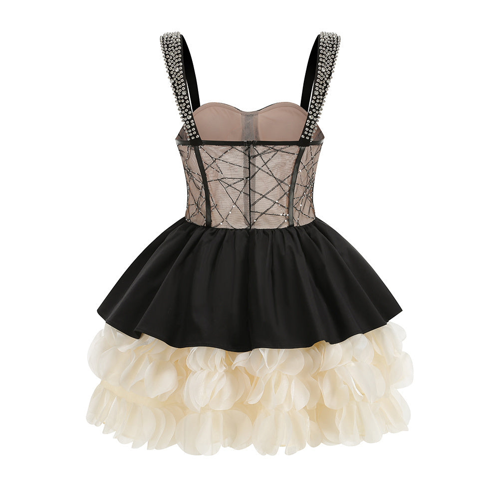 Crystal Bustier Petal A Line Dress Black Ivory HV2878