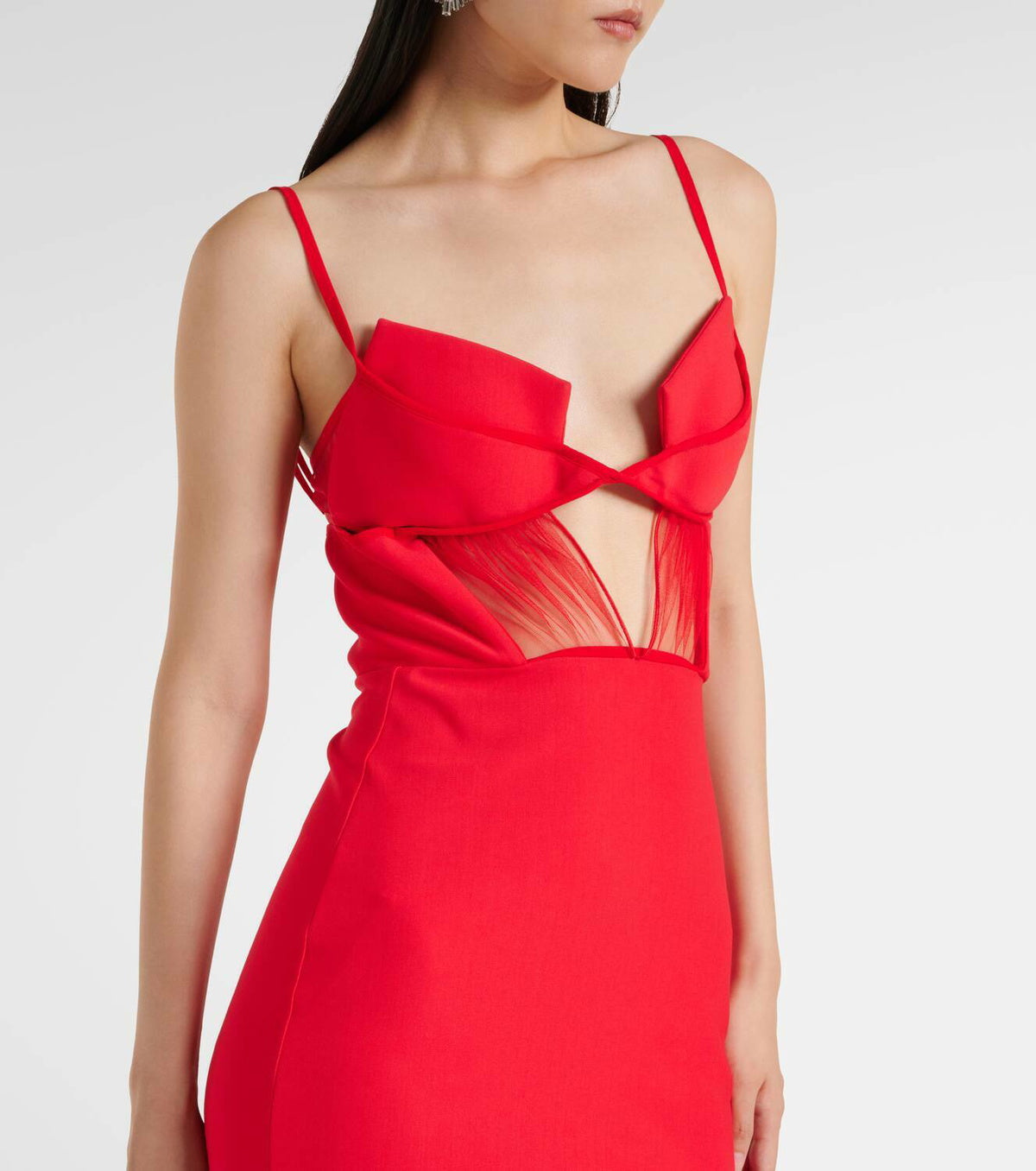 Bustier Draped Mesh Insert Maxi Dress Red HV2094