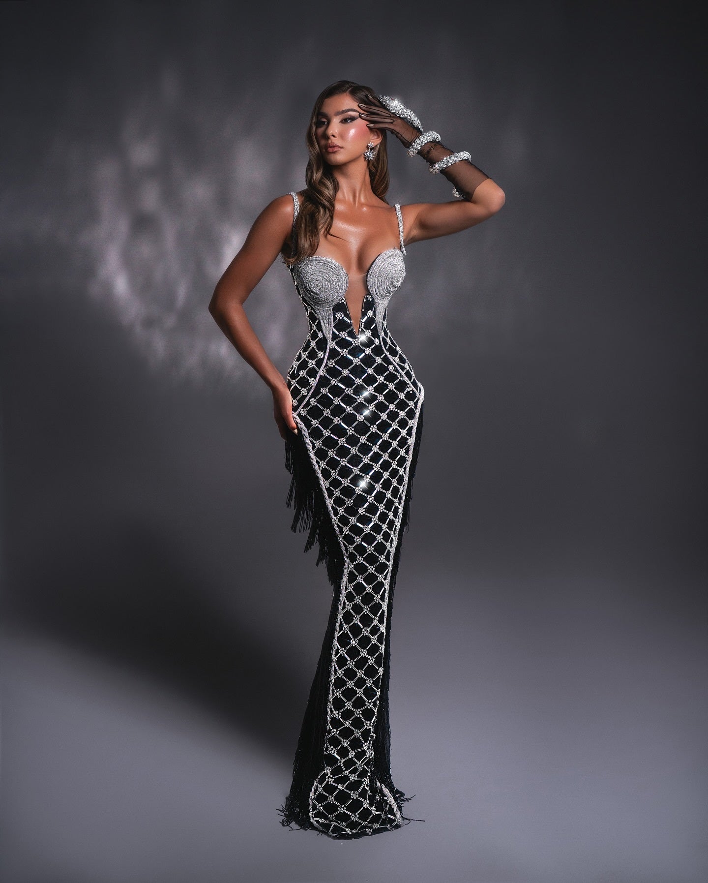 Tassel Bustier Sequin Maxi Dress Black Silver HV2927