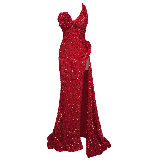 Strapless Floral Bustier Sequin Maxi Dress Red HV1465