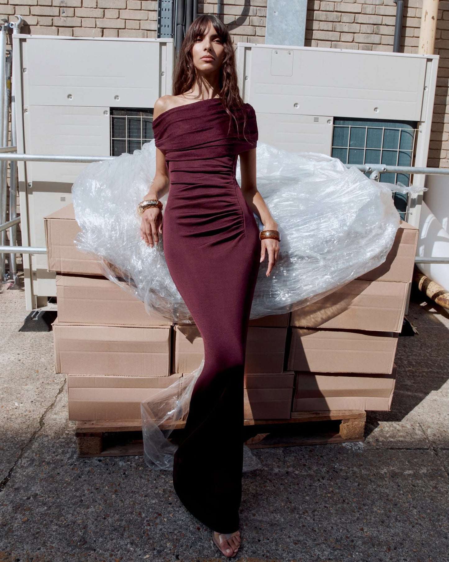 One Shoulder Bardot Draped Maxi Dress Burgundy HV2828