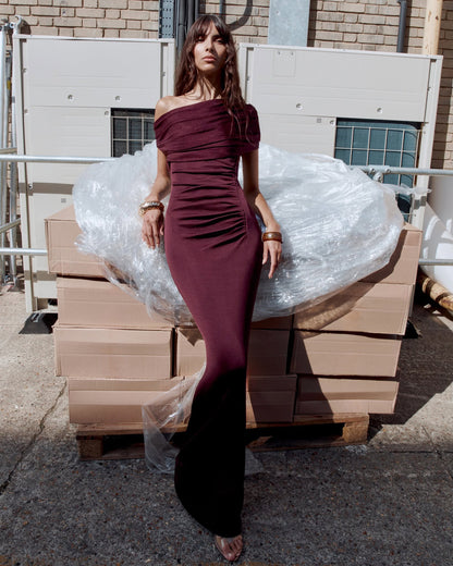 One Shoulder Bardot Draped Maxi Dress Burgundy HV2828