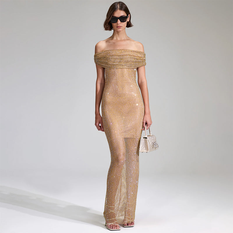 Draped Bardot Crystal Maxi Dress Nude