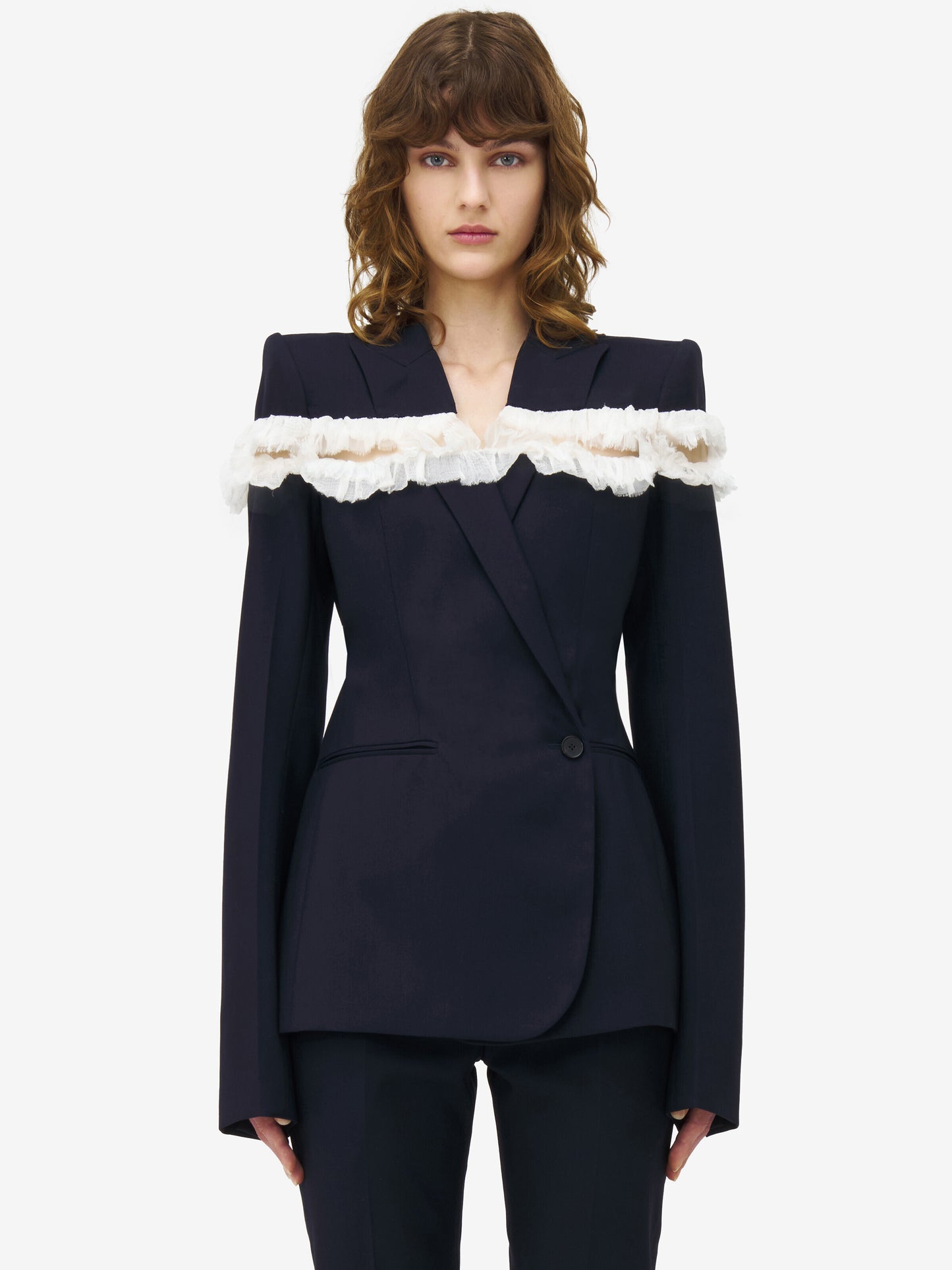 Frayed Ruffle Detail Suit Navy Blue HV2804