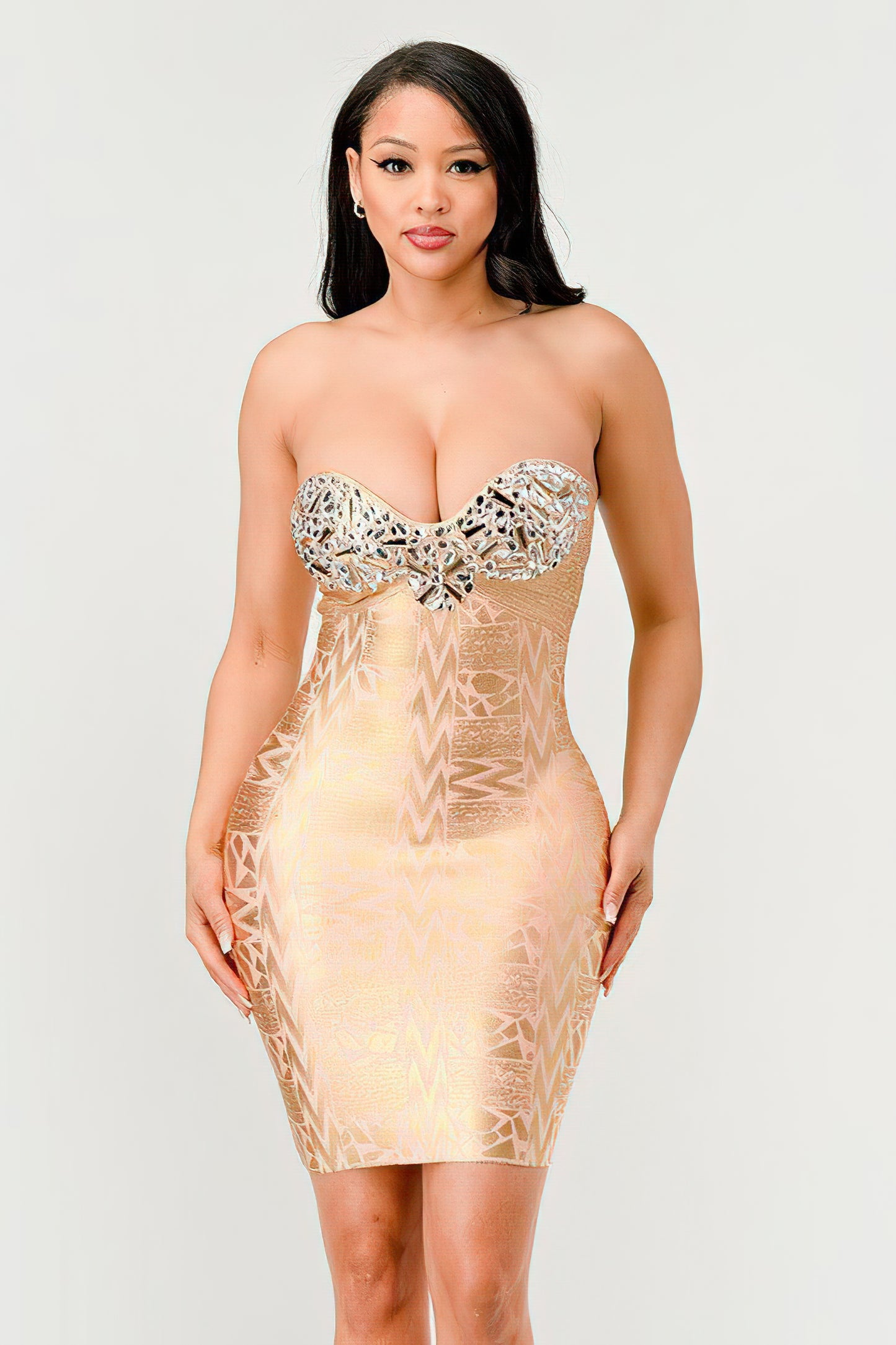 Strapless Crystal Woodgrain Foil Print Dress Gold HV1663