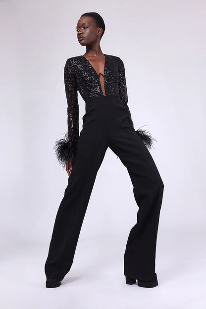 Long Sleeve Sequin Feather Jumpsuit Black HV1079