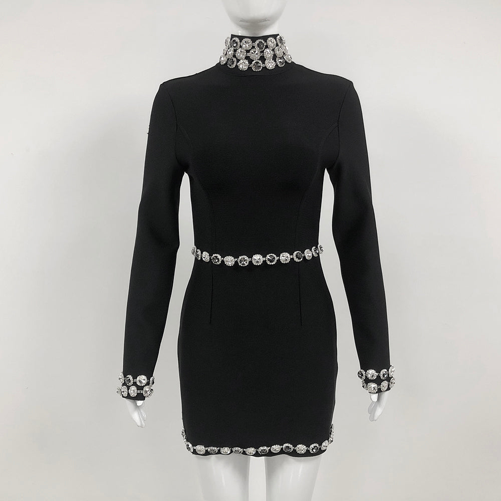 Long Sleeve Crystal Trim Dress Black HV1665