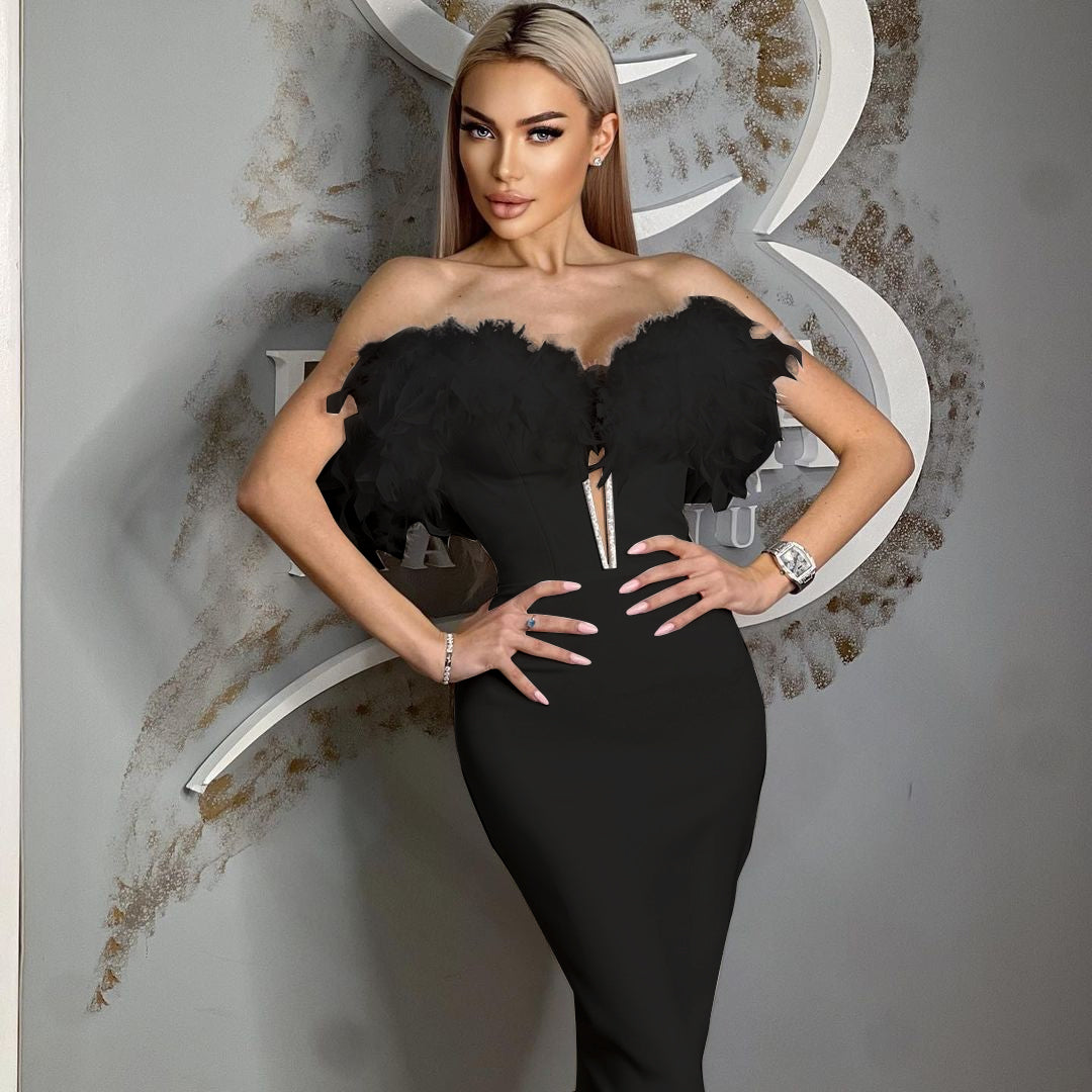 Off Shoulder Feather Midi Dress  HV9564