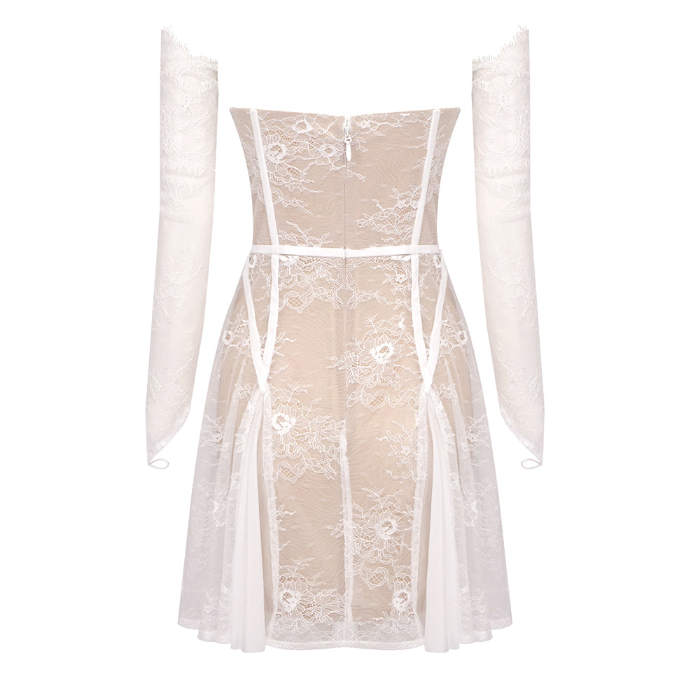 Long Sleeve Lace Corset A Line Dress White HV1200