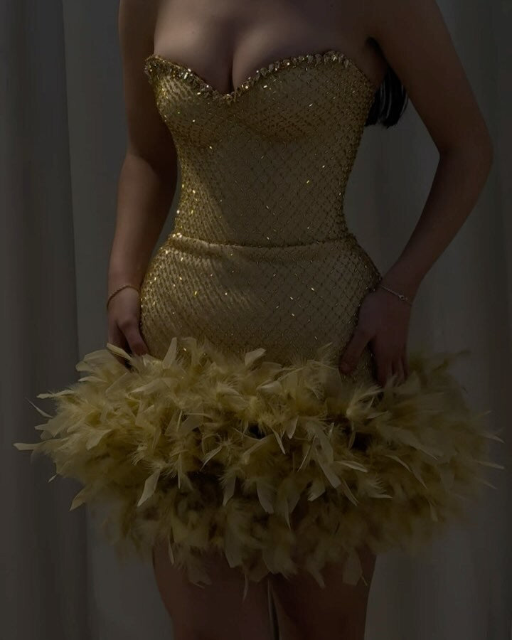 Crystal Strapless Feather Dress Gold HV2700
