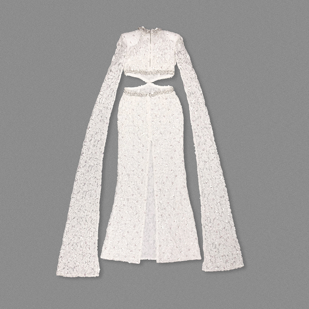 Cape Sleeve Crystal Lace Maxi Dress White HV0038