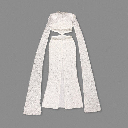 Cape Sleeve Crystal Lace Maxi Dress White HV0038