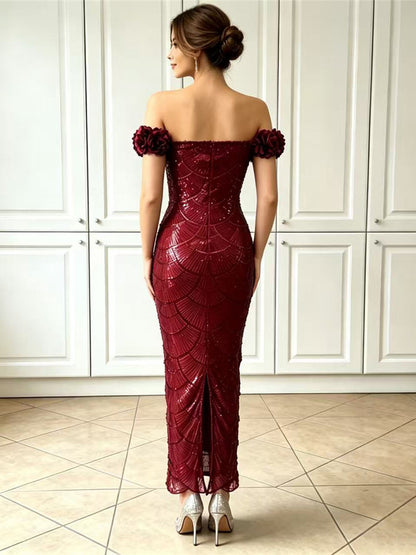 Floral Bardot Sequin Maxi Dress Burgundy HV3095