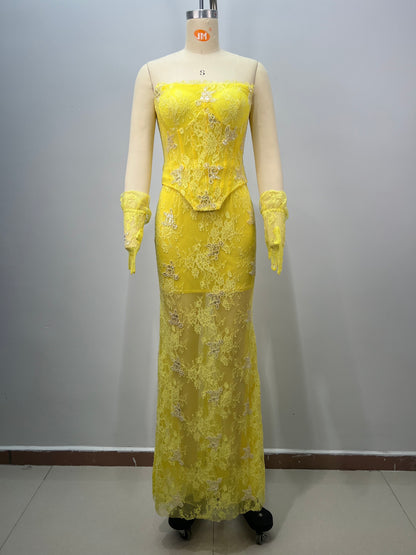 Strapless Embellished Lace Maxi Dress Yellow HV2817
