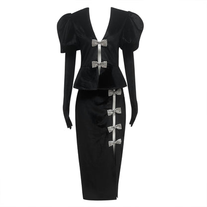 Short Sleeve Crystal Bow Midi Two Piece Velvet Dress Black HV2097