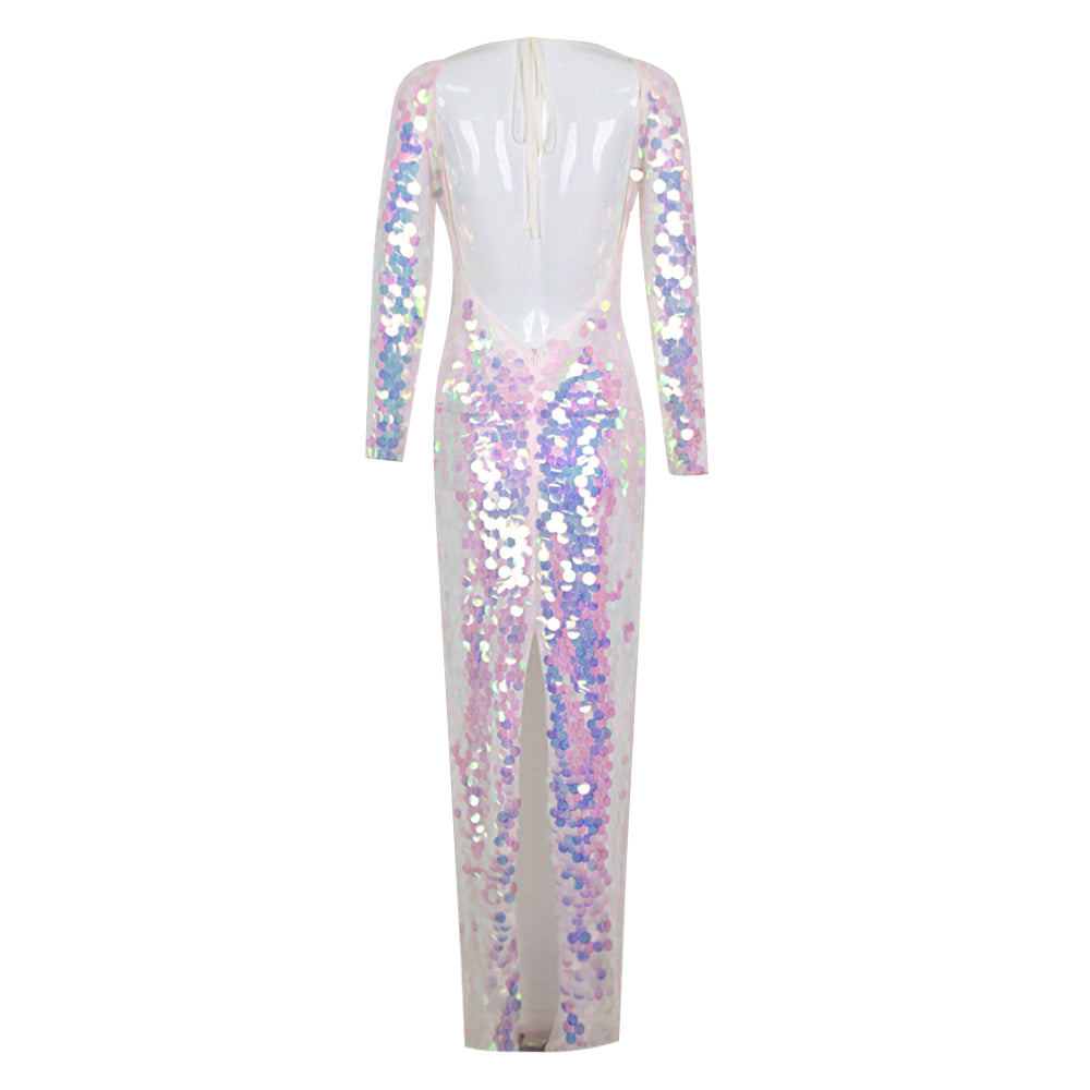 Long Sleeve Big Sequins Backless Maxi Dress Duochrome