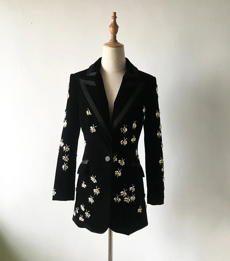 Long Sleeve Crystal Bee Velvet Blazer Black