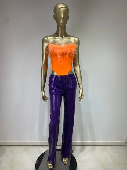 Strapless Feather Two Piece Jumpsuit Orange Purple  HV9937