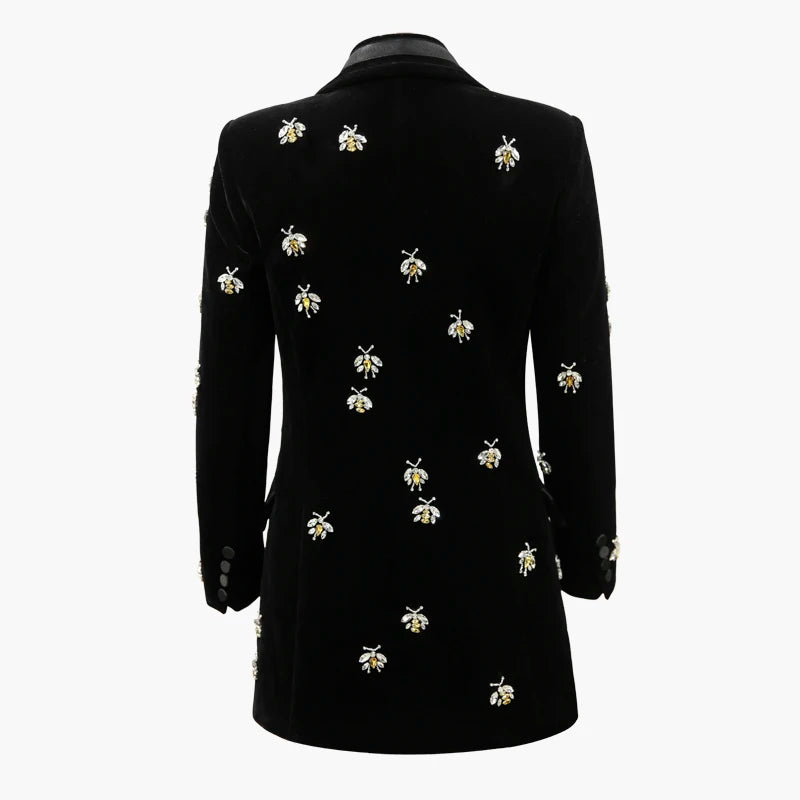 Long Sleeve Crystal Bee Velvet Blazer Black