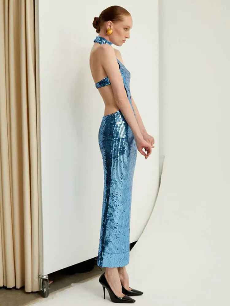 Halter Sequin Cut Out Maxi Dress Blue