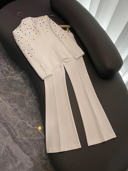 Long Sleeve Embellished Suit White