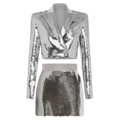 Long Sleeve Sequin Two Piece Set Silver